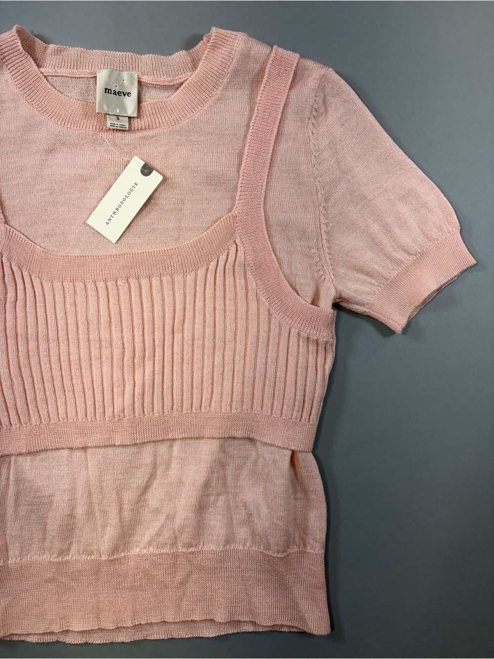 NWT Maeve by Anthropologie Peach Short Sleeve Layered Knit Top & Ribbed Tank Set